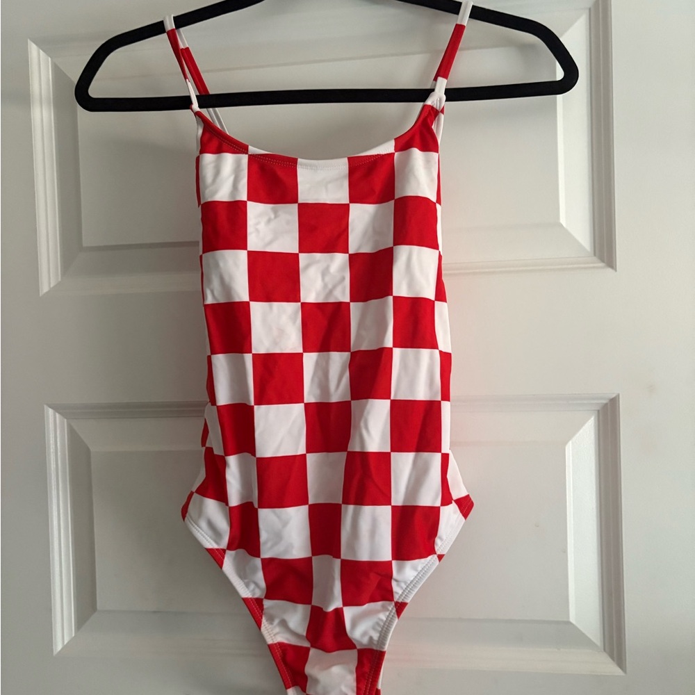 Red and White Checkered One Piece Swimsuit